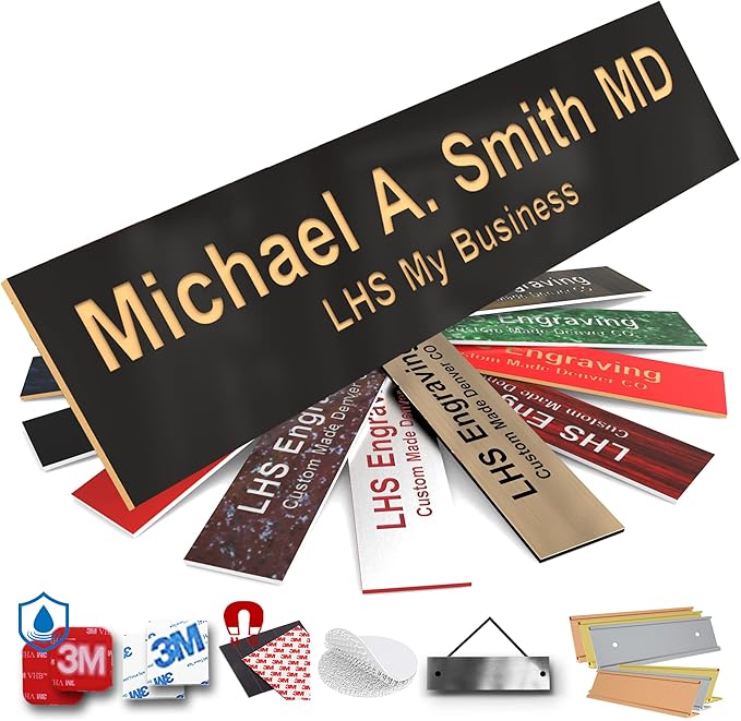 Engraved Door Signs for Office Personalized Black Plastic Door Plaque Gold Letters - Made in USA 2x4 B3