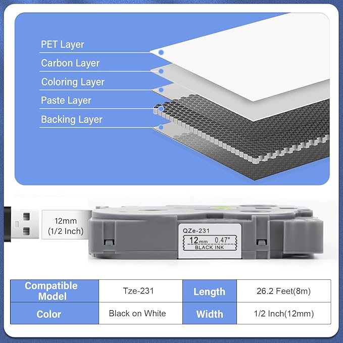 6pack 12mm 0.47'' TZe TZ Tape Laminated White Label Maker Tape Replacement for Brother P Touch Label Tape TZe-231 TZe231 Compatible with Brother PT-D210 PT-D220 PT-H110 PT-D410 PT-P710BT