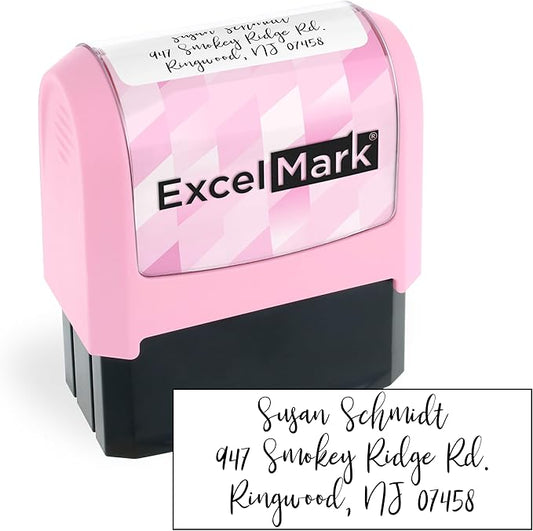 ExcelMark Address Stamp - Custom Return Address Stamp with Elegant Designs, Vibrant Colors & Patterns – Perfect for Mail, Invitations & Gifts (Pink Mount, Custom)