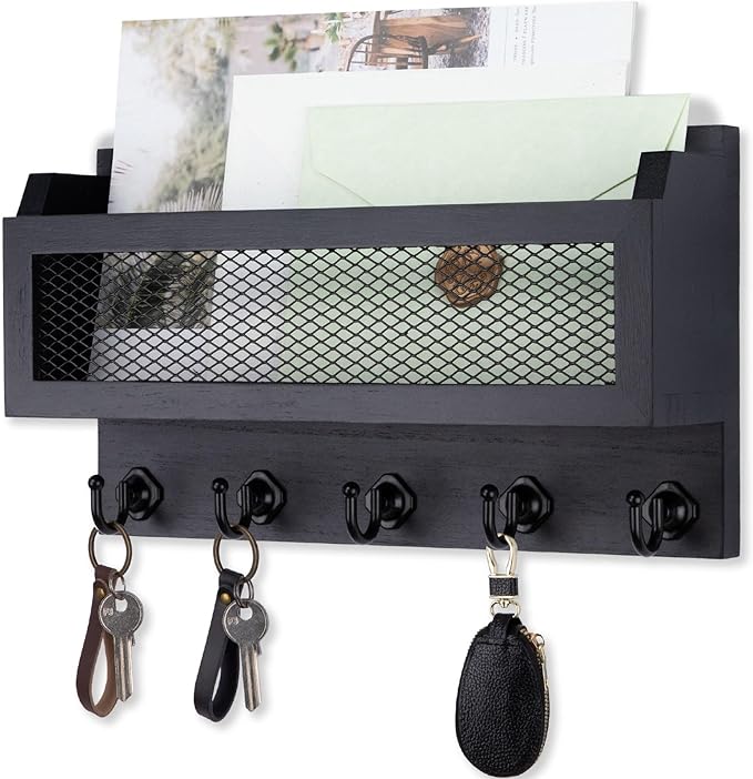 Nekon Mail and Key Holder for Wall Decorative, 11 Inch Wooden Wall Key Organizer with 5 Key Hooks, Wall Mount Storage Shelf for Entryway Hallway (Black)