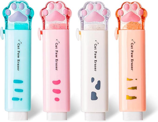 PANDENNER Retractable Pencil Eraser, Cute Erasers,Cat Paw Eraser,Suitable for School Home Office Supplies, 4Pcs (Eraser-BLFC)