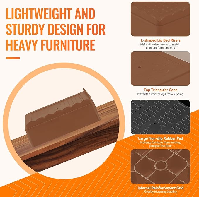shouwuhho Furniture Risers, 6 Pack Bed Risers with Non-Slip Grip and Heavy Duty Support, 1 Inch 2 Inch 3 Inch 4 Inch Height Lift for Couch, Sofa, Table, Desk, Chair, Refrigerator - Brown, 1 Inch