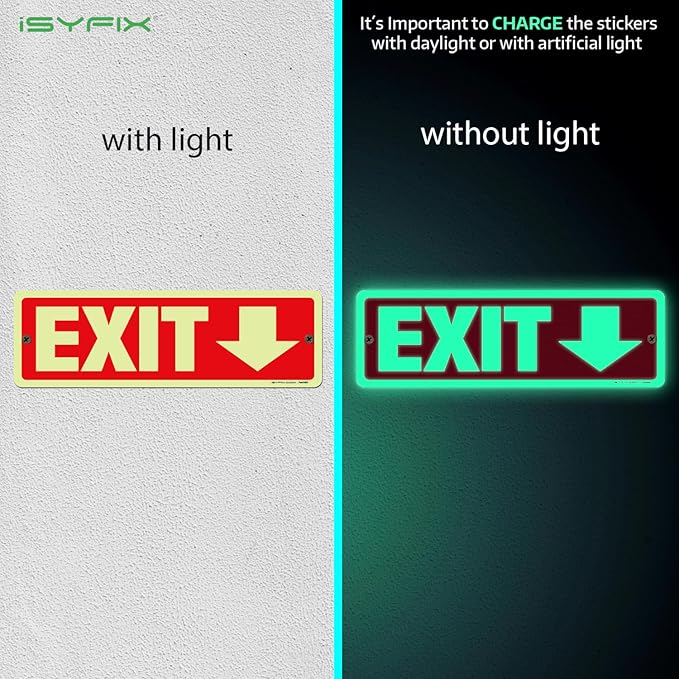 iSYFIX Exit Signs with Directional Down Arrow, Glow in the Dark, Photoluminescent Aluminum 12x4 Inch - 12 Pack, Laminated for UV & Weather Resistance, Ideal for Offices, Schools, Theaters & More