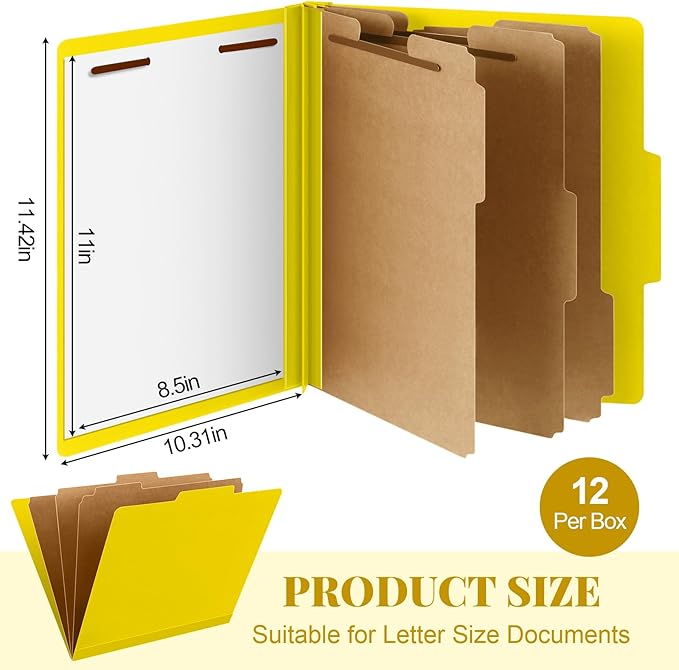 Skyygemm 12 Pcs Classification Folders Letter Size, 3 Divider Pressboard File Folder with Fasteners, Expanding File Organizer Bulk for School Teachers, Office Employee, Coworker, Staff (Yellow)