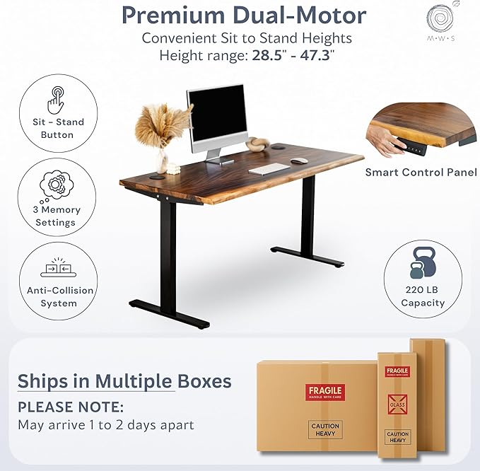 Standing Desk with Drawer – Walnut Solid Wood Desk, Natural Live Edge, Adjustable Height Dual Motor, Sit Stand for Home Office (Black, W60 x D27)