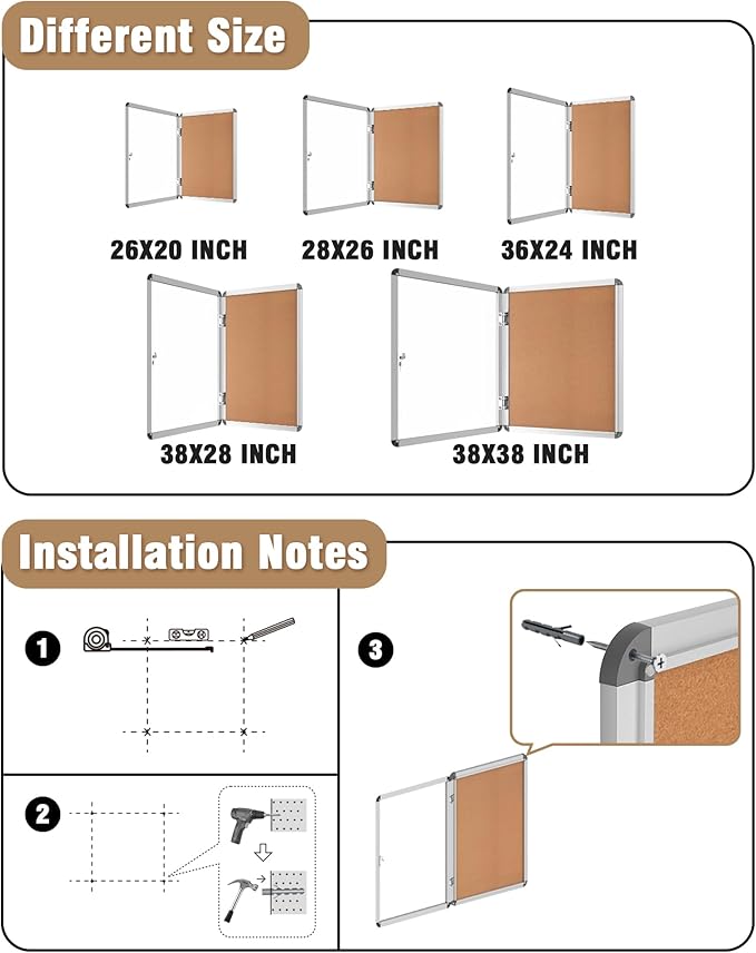 Mifuro 38"x28" Enclosed Bulletin Board, Lockable Weather-Resistant Aluminum Cork Noticeboard for School & Office, Silver Frame w/Cork