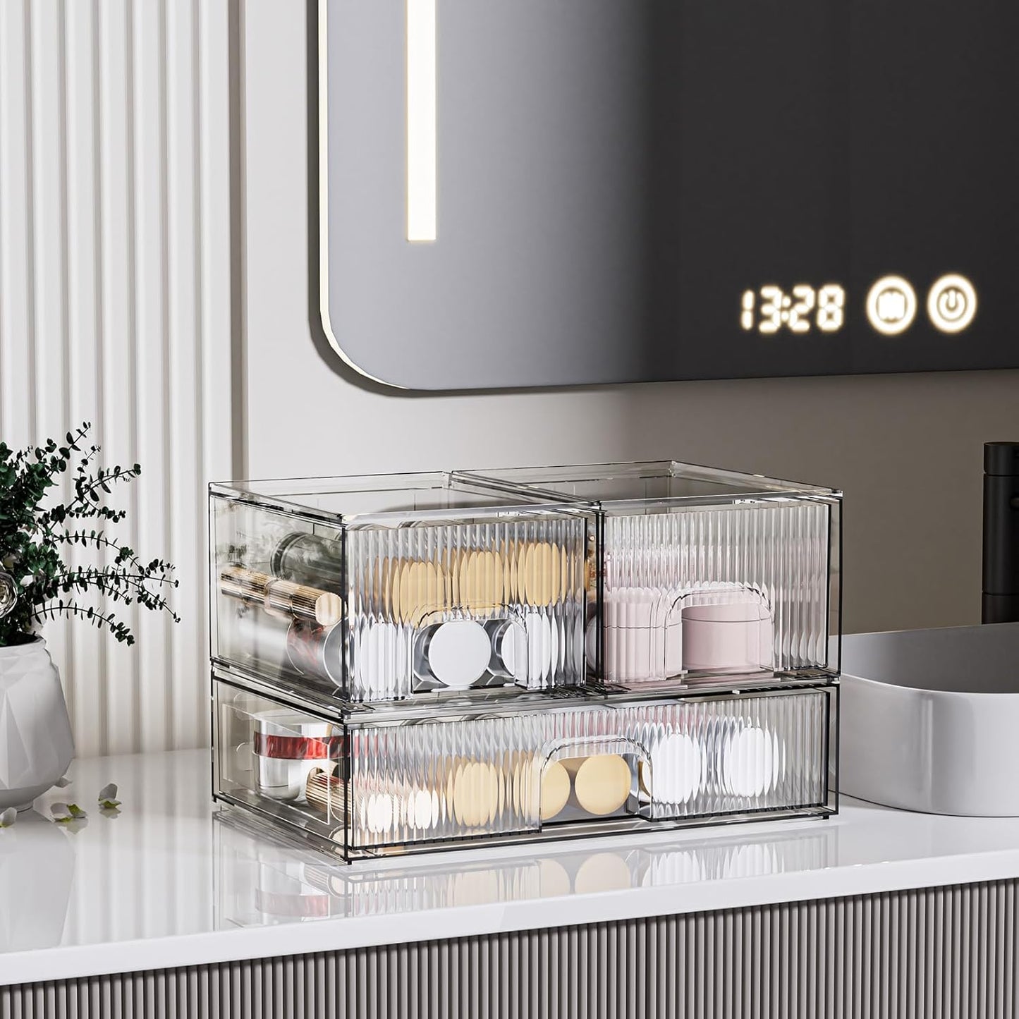 ZHIAI 3 Pack Clear Stackable Cosmetic Organizer with Acrylic Drawers for Cosmetics and Small Items for Dresser, Vanity, Kitchen Cabinet, Pantry, Home Organization and Storage