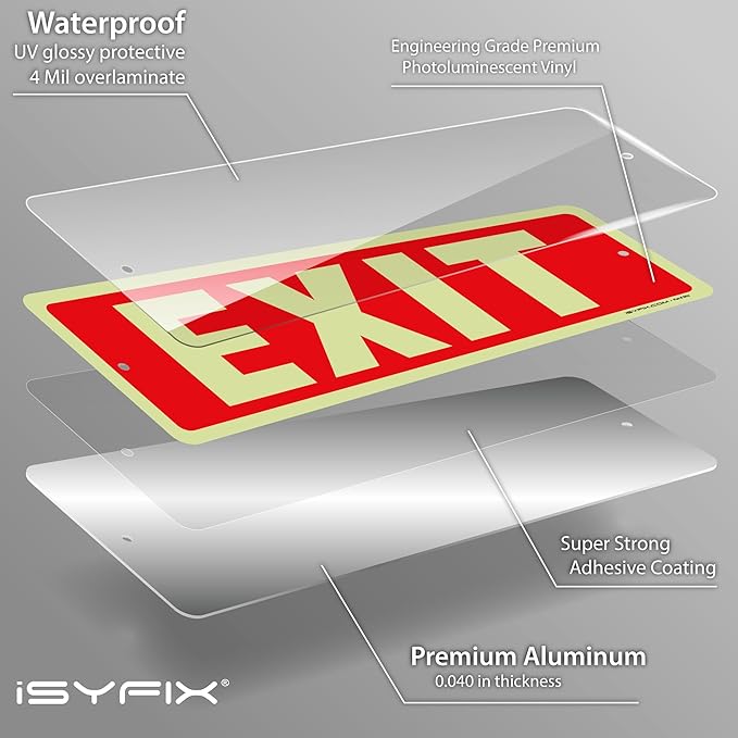 iSYFIX Exit Glow in the Dark Sign Aluminum – 6 Pack 12x4 Inch – Photoluminiscent, Laminated for Ultimate UV, Weather & Fade Resistance, Indoor & Outdoor for Business, School, Office, Warehouse