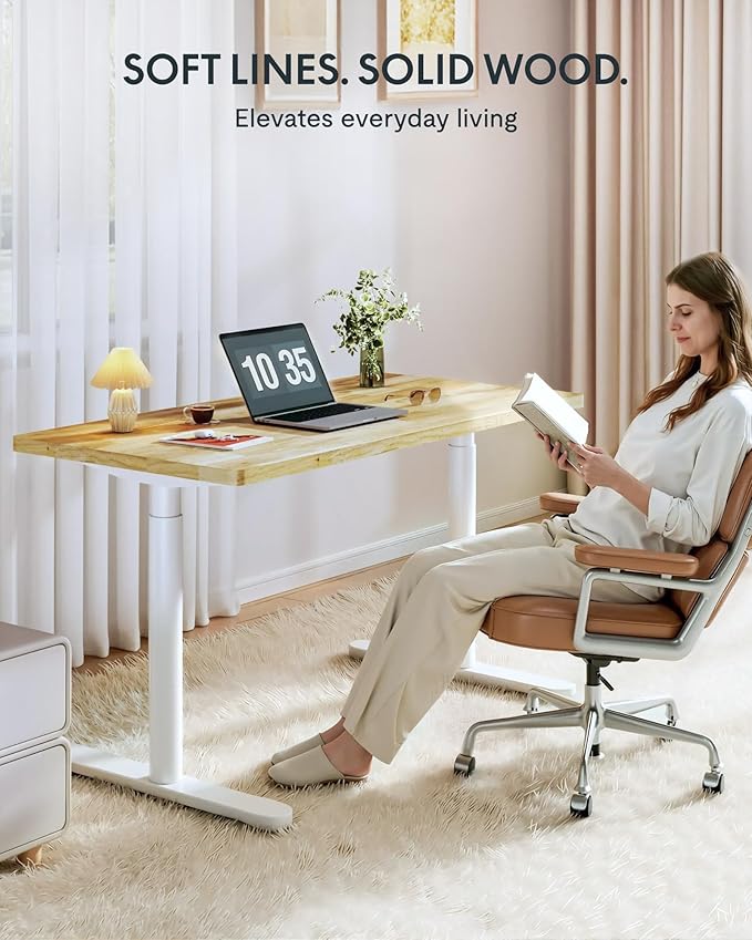 FLEXISPOT Solid Rubberwood Electric Standing Desk with Elegant Oval Legs, 48"x24" Height Adjustable Desk for Home Office & Living Spaces (White Frame)