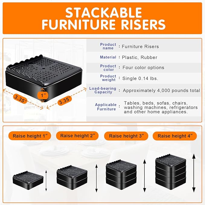 Furniture Risers Heavy Duty Adjustable Bed Risers Blocks Lift 4, 3, 2 inches for Couch, Sofa, Table, Desk, Chair Legs, Refrigerator, Washing Machine Support up to 4000 pounds (Black 4 Pack, 2 inch)