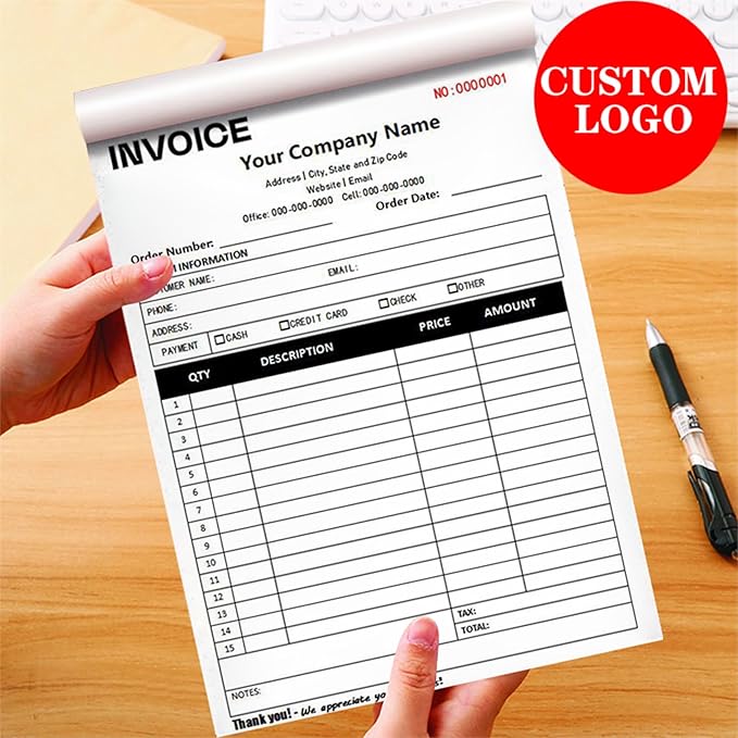 Custom Invoice Book in 3-Part /2-Part Receipt Book with Carbon Copies Personalized Carbonless Service Invoice Form Books Sales Order Book with Company Name Logo Address,E-Invoice Book