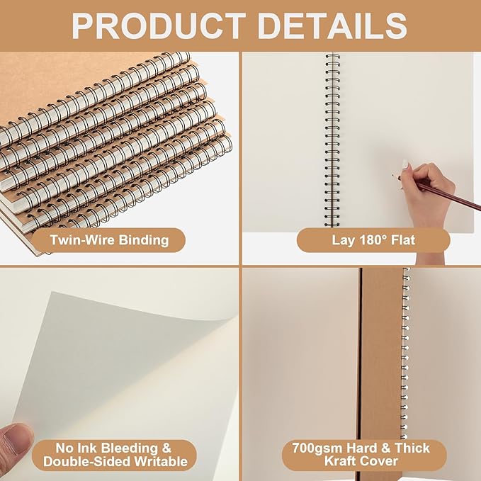 PerKoop 12 Pcs 8.5"x11" Spiral Sketch Pad A4 Large 100 Sheet Blank Notebook Sketch Pads 60lbs (100gsm) Xmas Gifts Sketching Drawing Pad Journals Art Sketchbook for Teachers Students Kids