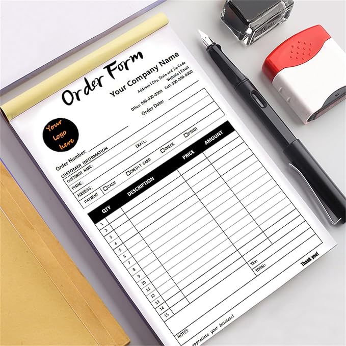 Custom Invoice Book in 3-Part /2-Part Receipt Book with Carbon Copies Personalized Carbonless Service Invoice Form Books Sales Order Book with Company Name Logo Address,B-Order Form Book with Logo
