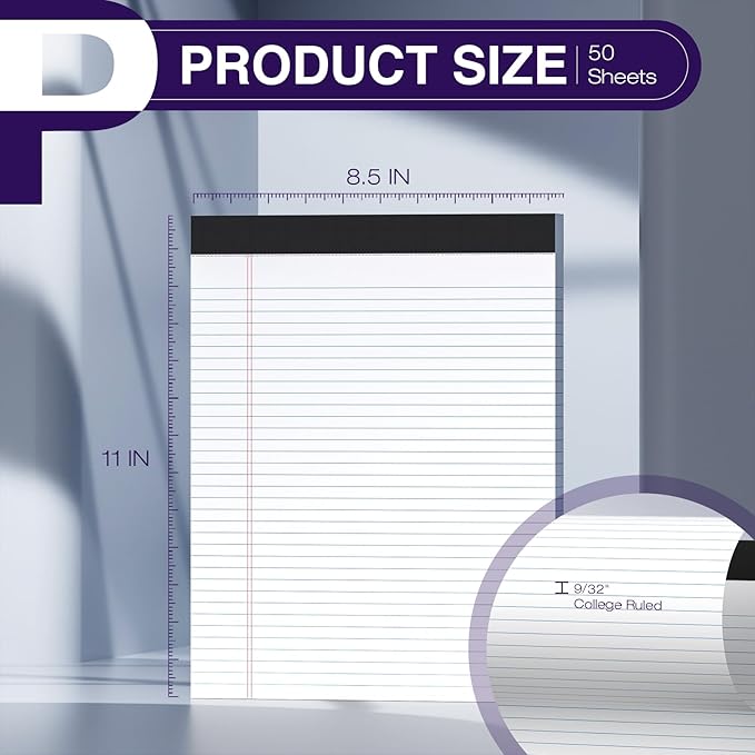 12 Pack Legal Pads 8.5 x 11 College Ruled 600 Sheets Note Pads 8.5 x 11 Inch Notepads Perforated Writing Pads 8.5 x 11 Pads of Paper Lined White Paper, 50 Sheets per Notepad for Home, Office, School