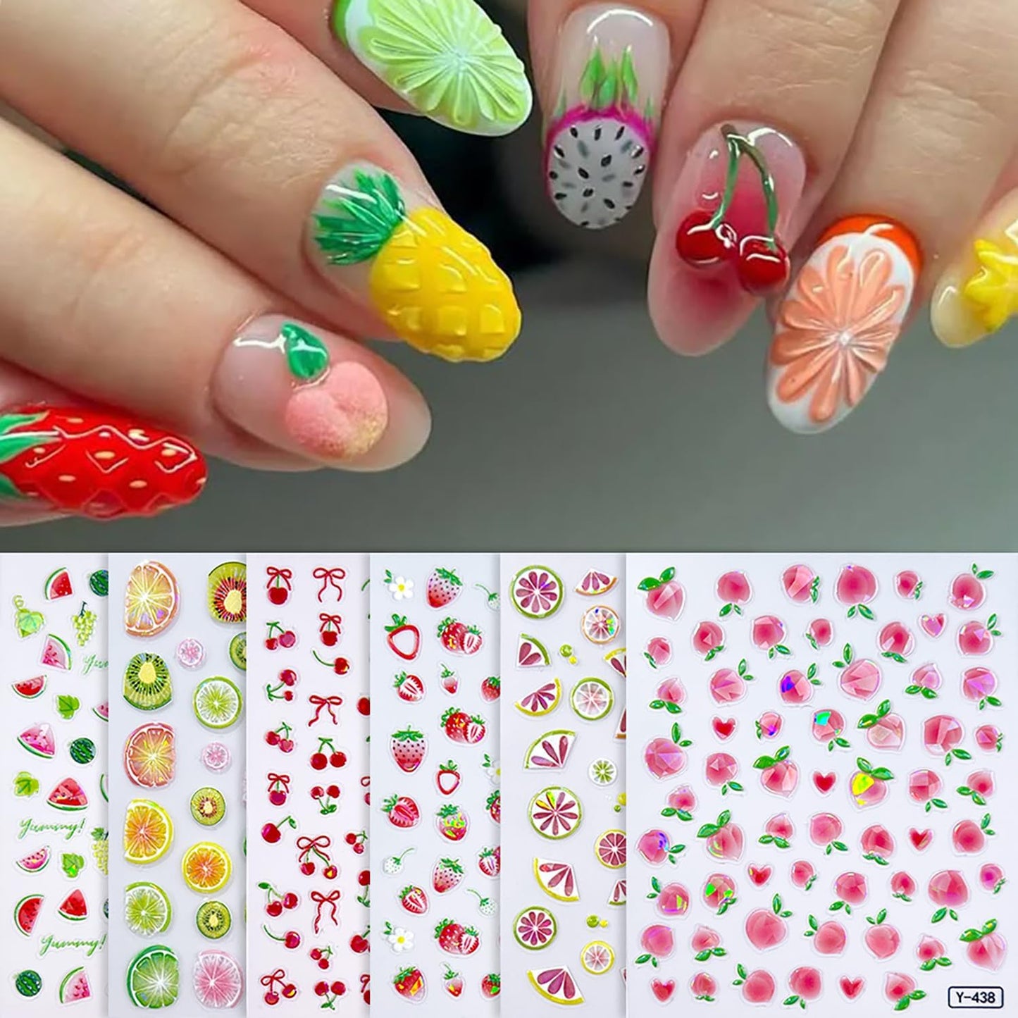 6Sheets Summer Fruit Nail Art Stickers 3D Self -Adhesive Cherry Strawberry Lemon Nail Decals Holographic Cute Peach Watermelon Nail Stickers Fruit Nail Decals Decoration for Women Manicure Supplies
