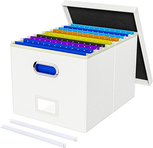 Oterri File Organizer Box with Lid, Portable Hanging File Box for Letter/Legal Files, Office/Decor/Home, 1 Pack, White Leather