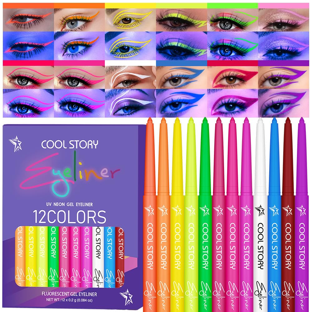12 Colors UV Neon Eyeliner – Festival Makeup, Glow in the Dark, Waterproof & Smudge-Proof, Colorful Liquid Eyeliner for Face & Body Art, Rave Party, Cosplay, Halloween