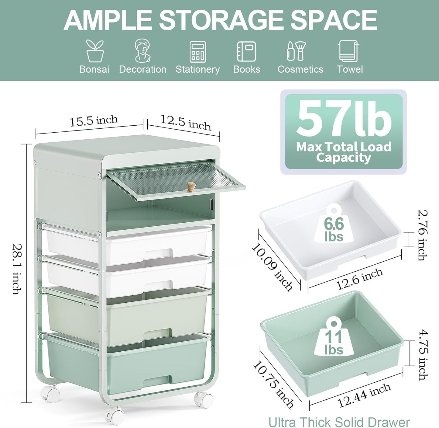 Utility-Rolling-Storage-Drawer-Craft-Cart-Organizers with 4 Drawers & Dust-proof Door for Kid Craft Art Room,Bedroom,Home Office, 4 Tiers Drawer cart, Green