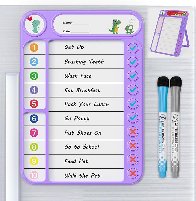Magnetic Chore Chart for Kids, ADHD Task Tracker Easy-Check Routine Dry Erase Board, to-Do List Planning Tool with Stand for Fridge/Desk/Home/School, 6 Reusable Sheets, 2 Markers Purple