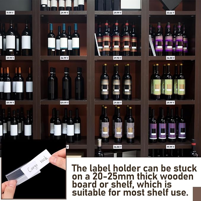 Weysat 100 Pcs Wood Shelf Label Holders Clear Plastic Price Tag 2.4 in L x 1 in H for Bookshelf Shelves, Wood Shelf Sign and Ticket Holder, Clips On to Shelves 3/4" to 1" Thick