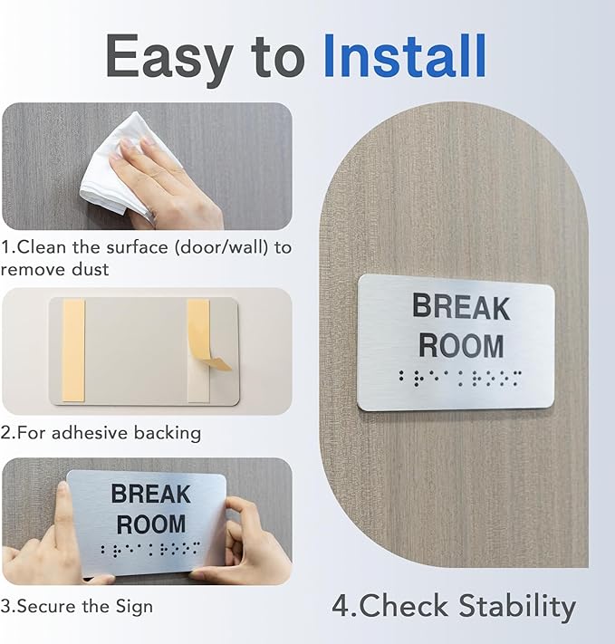 Break Room Signs with Raised Text & Grade 2 Braille, Brushed Aluminum/Silver Finish Easy Install with Double-Sided Tape, ADA Compliant Break Room Door Sign for Businesses & Offices