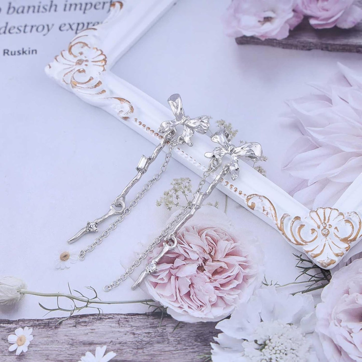 Vintage Bow Crystal Drop Earrings Silver Bar Dangle Earrings Long Crystal Bow Chain Earrings Cz Tassel Chain Earrings Jewelry for Women