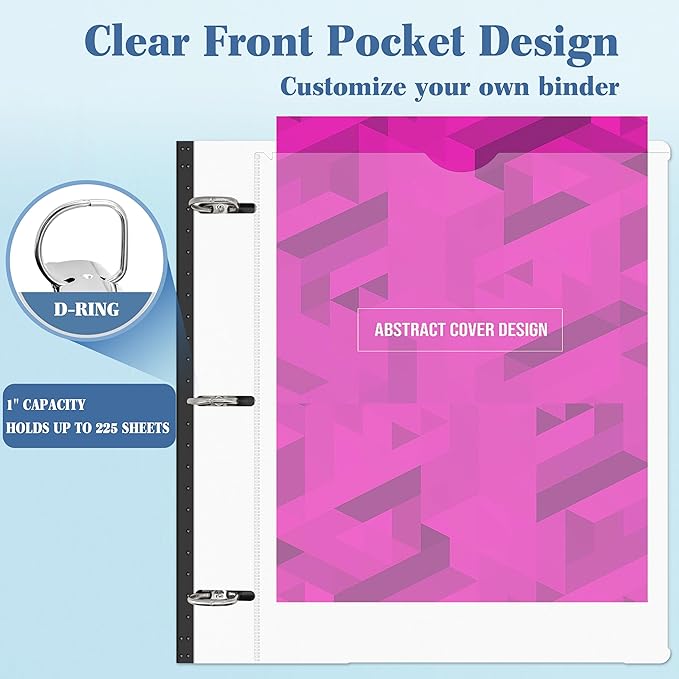 INFUN 1 Inch Telescoping 3 Ring Binder - 4PCS-White, Flexible Binders with Customizable Front Cover and Clear Catalog Pocket, 1Inch Rings, 225 Sheet Capacity