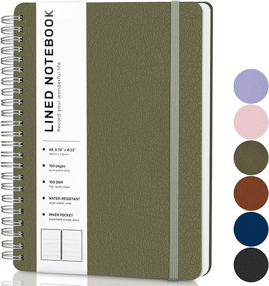 ABERLLS Green Lined Spiral Journal Notebook with 160 Pages, 8×5.7in, A5 Spiral Notebook, Journaling Notebooks for Work, School, Women, Men, College Ruled Spiral Notebook, Hardcover Leather Journals