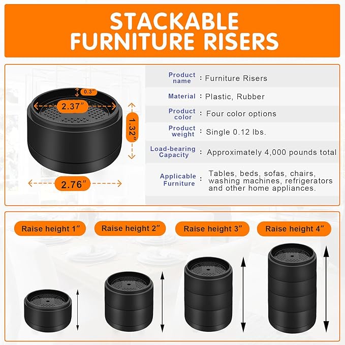 Furniture Risers Bed Risers Heavy Duty 1 inch, 2 inch, 3 inch, 4 inch Round Adjustable Bed Lifts Riser for Desk Legs Table Couch Sofa Chair Refrigerator Washing Machine (1 Inch, Black, 16 Pack )