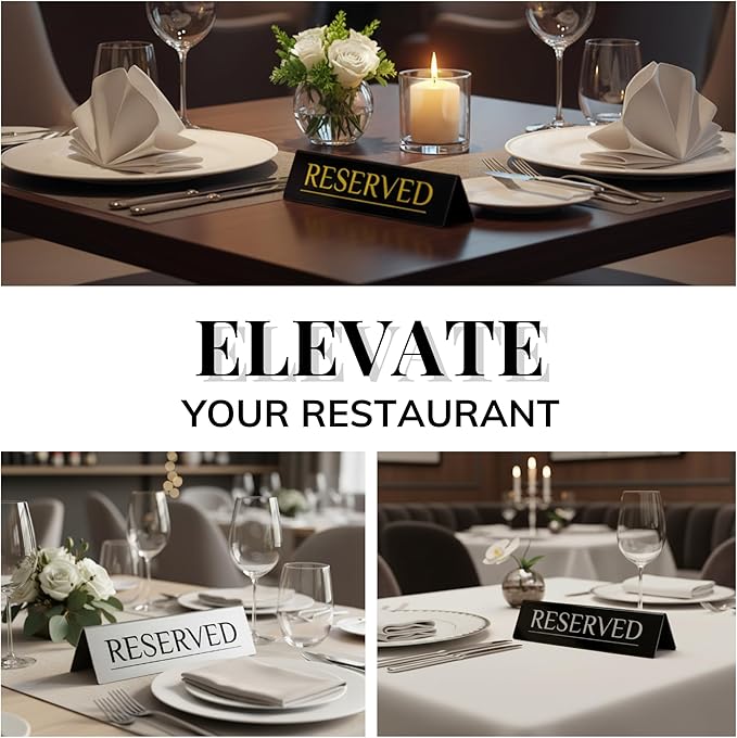 6 Reserved Table Signs – Black Stainless Steel with Silver Mirror Lettering | Elegant, Durable & Reusable Reserved Signs for Wedding Receptions & Restaurants | Wedding Accessories & Restaurant Supplies by Adaptic Group®