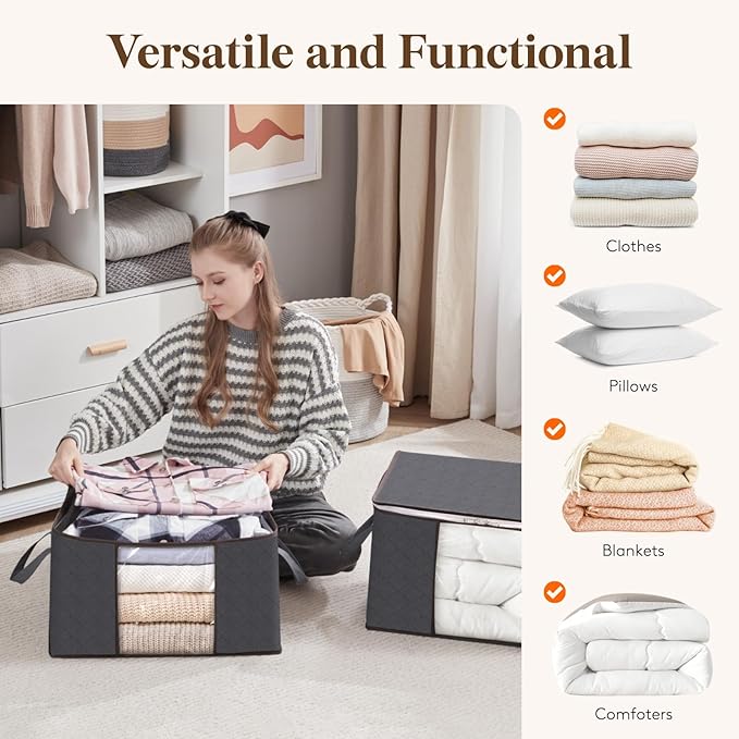 Lifewit 3 Packs Clothes Storage Bag, Storage Bins for Clothes, Blankets, Comforters, Foldable Clothing Storage with Reinforced Handle, Sturdy Zipper, Closet Organizer with Clear Window, Gray
