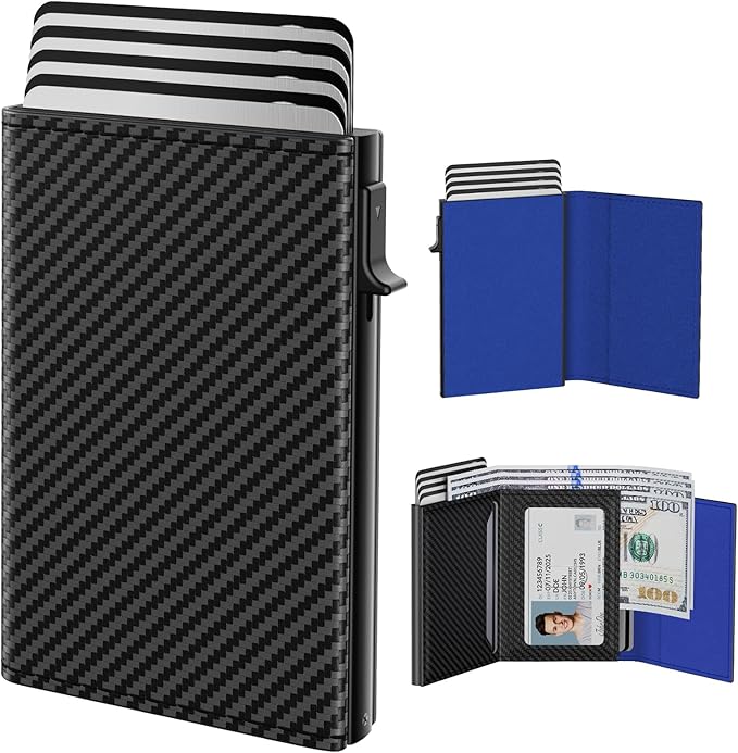 typecase Mens Wallet Card Holder: Pop Up Aluminum Case, Genuine Leather, Smart, RFID Blocking, Slim, Minimalist, Front Pocket - 9-14 Card Capacity | ID Window | Cash Slot (Carbon Fiber Navy)