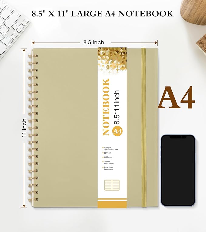 Spiral Notebook Journal 8.5” x 11”, A4 Large Notebooks for Women Men, College Ruled Lined Journal, 100 GSM Paper, Hardcover Spiral Bound Journals for Work School Writing Note Taking Business, Yellow
