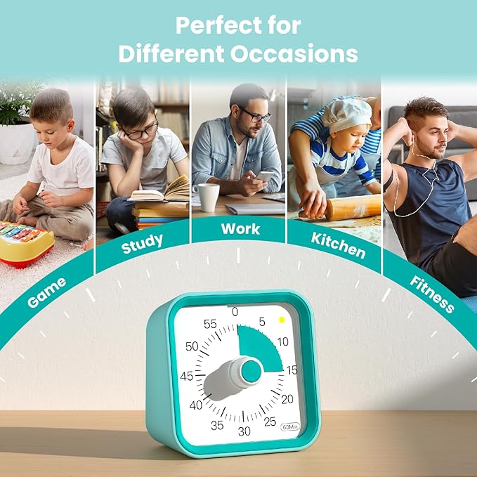 Visual Timer for Kids with Pause Function, 60 Minute Countdown Timer for Kids Desk Study, Teaching, Kitchen Cooking, Office Meetings, Time Management for ADHD (Green)