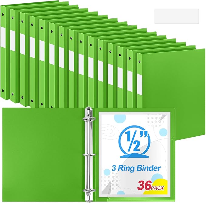 Henoyso 36 Pcs 3 Ring Binder 0.5 Inch Round Fits Letter Size 8.5'' x 11'' Paper Plastic Flexible Binder Bulk Holds 140 Sheets with 1 Pockets Versatile Organizer for Home Office School (Tender Green)
