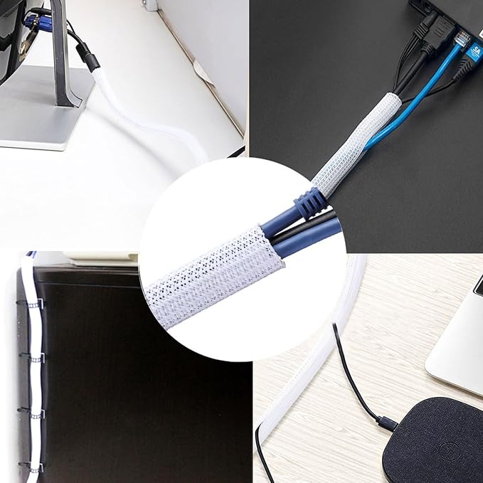 QCSIW 1/2" x 10ft Black/White Cable Sleeve - Protects Cords from Pets & Organizes Wires - Modern Style - Polyester Material - Flame Retardant - Easy to Use & Cut(White, 1/2"-10ft)