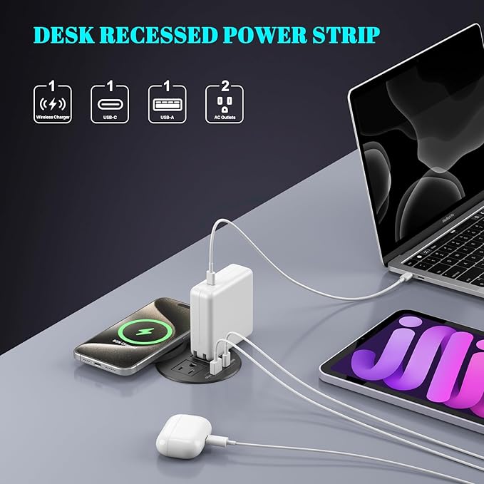XBA PD 20W USB C Desk Power Grommet with 15W Wireless Charger Cover, Recessed Power Strip with 18W USB A and 2 AC Outlets,Hidden Power Outlets with 6FT Cords for Office, Home, Conference(Black)