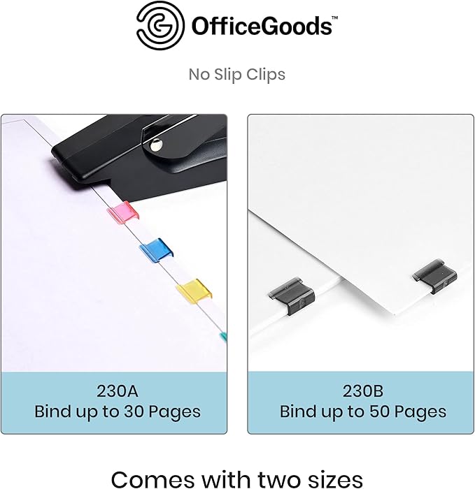 OfficeGoods No Slip Clip Refills - Binds Up to 50 Pages - Reusable - Works with No Slip Clip Dispenser - 50 ct Box Each Small & Large - 100 ct Total - Black
