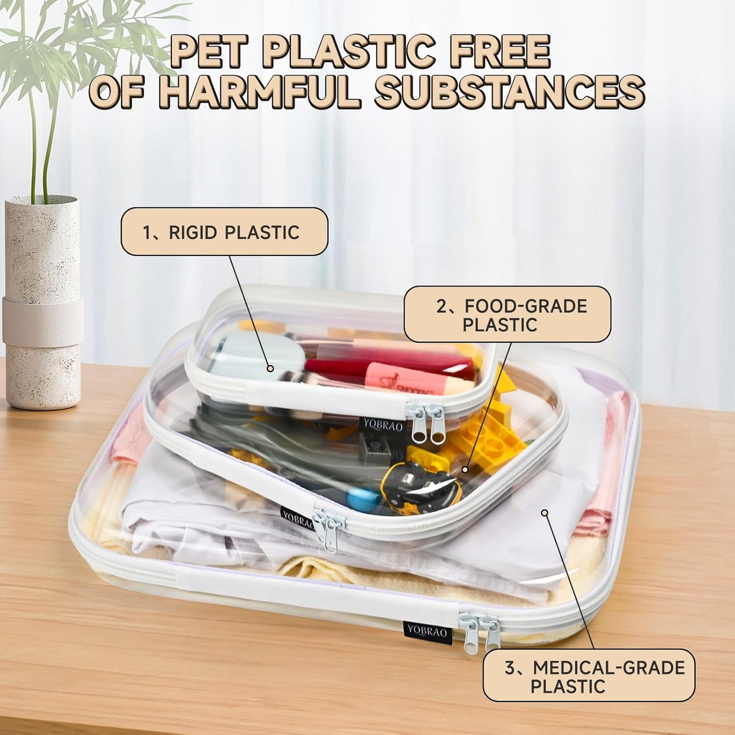 Hard Sided Clear Zipper Case for Storage- Professional-Grade Plastic Clear Zipper Pencil Case,Toy Storage Bins, Toiletry Pouch, Travel Organizer, Cosmetic Bag（White,3 Pack, LMS）