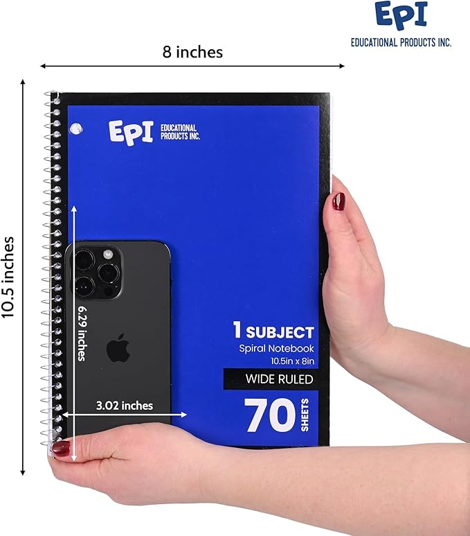 EPI Spiral Notebook | Wide - 70 Sheets, Durable Spiral Binding | 10.5 x 8 in | Classroom Supplies | School, Office, Note Taking, Journaling - 3 Pack