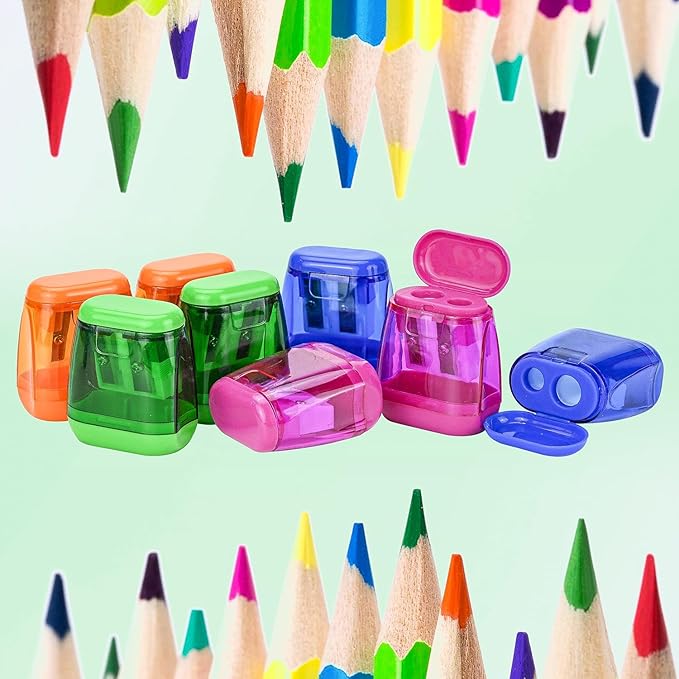 AUSTARK 24Pcs Pencil Sharpener Manual, Assorted Color Small Dual Hole Pencil Sharpeners Bulk with Lid for School Office Home (Geometry-24)