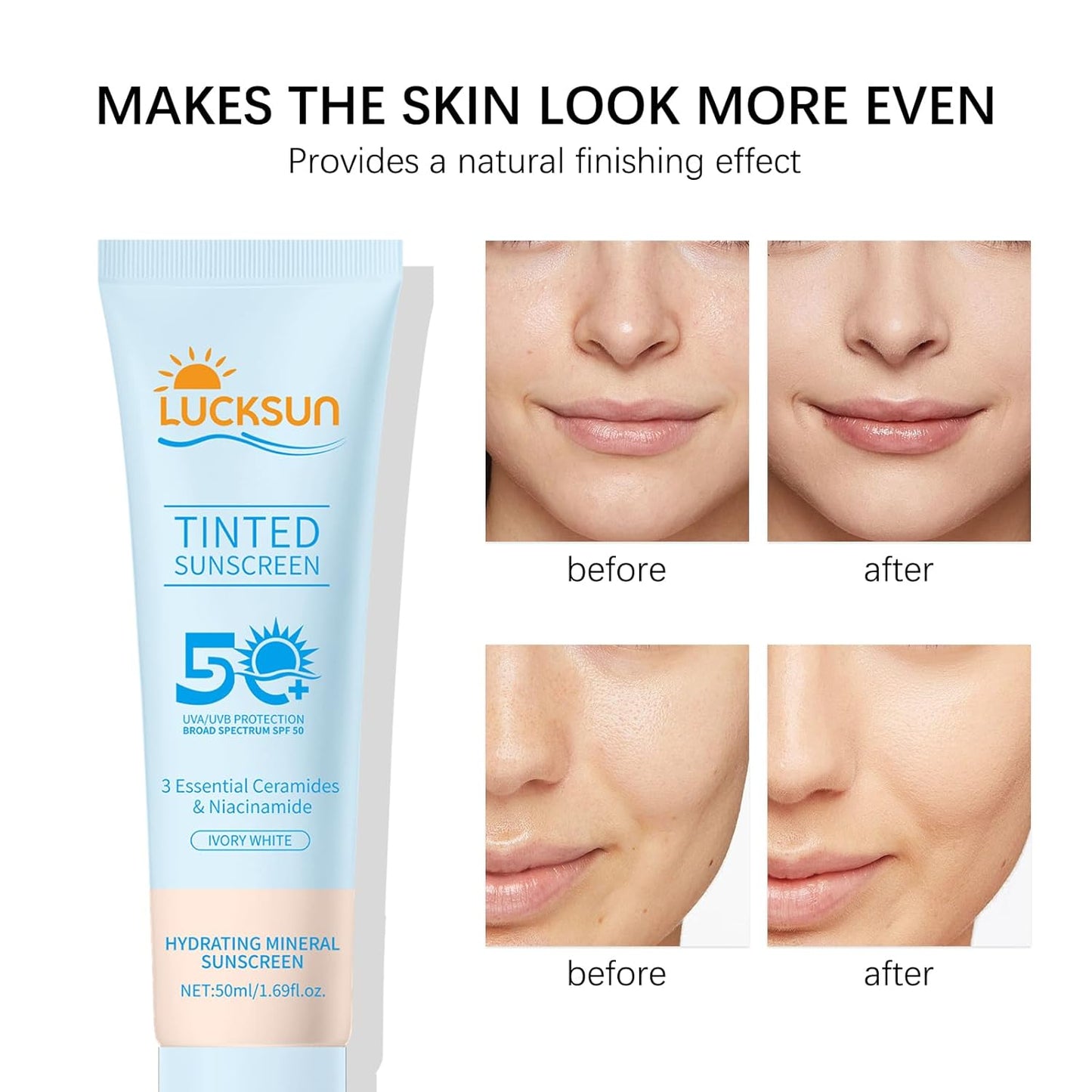 Tinted Sunscreen for Face SPF 50, 2 PCS Defense SPF 50 Face Sunscreen Lotion with Hyaluronic Acid, Sun Essence Faces Sunscreens, Hydrating, Moisturizing, UV Defense, Travel Size (Light Color)