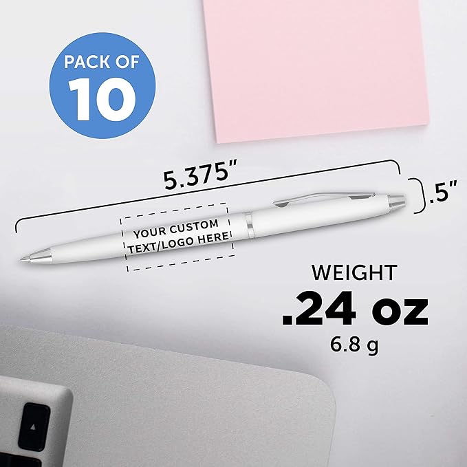 DISCOUNT PROMOS Custom Langham Ballpoint Ink Pen - Set of 10 Writing Pens for Work - Cool Pens for Writing, Black Ink, White