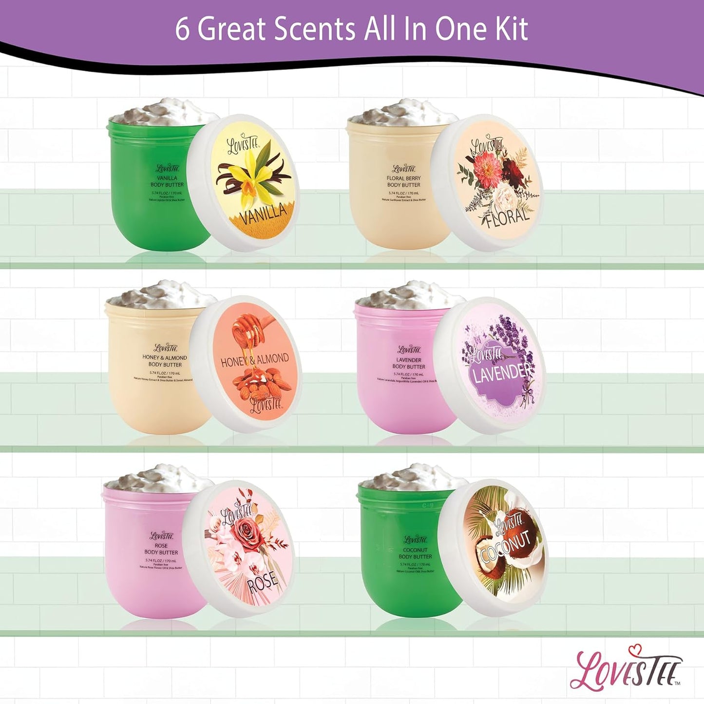 LOVESTEE Moisturizing Body Lotion, Women-Men's Christmas-Birthday Gift Set, Soothes All Skin Types includes Shea Butter, Fragrances Lavender, Vanilla, Rose, Honey Almond, Coconut and Floral