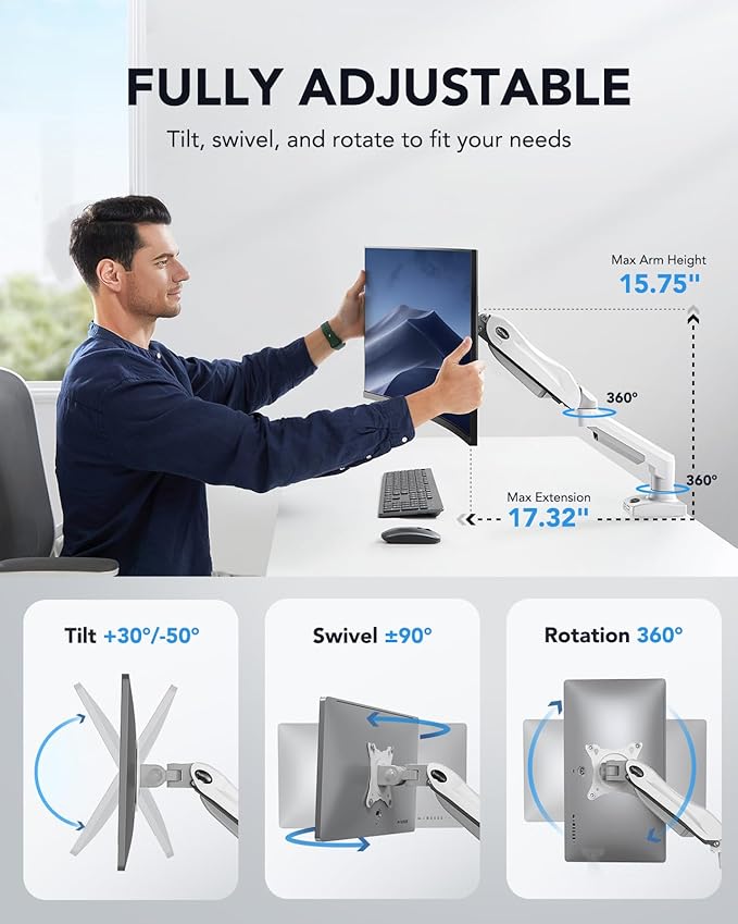 HUANUO Single Monitor Mount, 13 to 32 Inch Gas Spring Monitor Arm, Adjustable Stand, Vesa Mount with Clamp and Grommet Base - Fits 4.4 to 19.8lbs LCD Computer Monitors