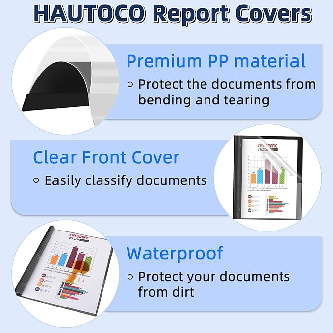 HAUTOCO 5 Pack Plastic Report Covers with 3 Prongs Fasteners Clear Front Resume Portfolio Folder for 8.5x11 Letter Size Paper, Presentation Document Report Cover for School Office Business, Black