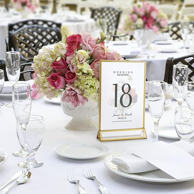 Smarpau 4x6 Gold Acrylic Sign Holder Table Number Holders 8 Pack Vertical Double Sided Clear Picture Frames for Wedding Flyer Display Stands Table Menu Holders