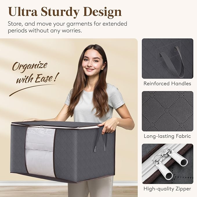 Lifewit 24 Pack Clothes Storage Bins with Lids, Foldable Blanket Storage Bags with Zippers, Clear Window and Reinforced Handles, Closet and Organization for Clothing, Sweater, Comforter, Bedding, Gray
