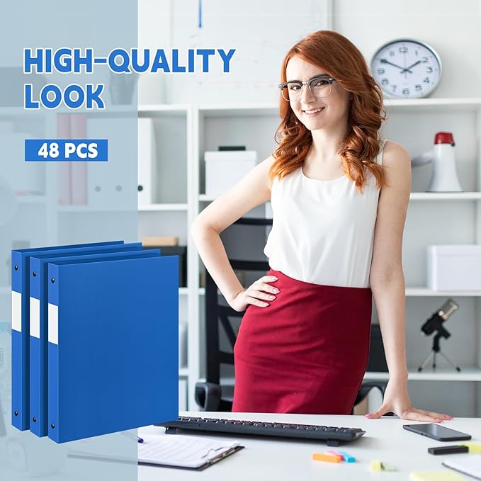 Henoyso 48 Pcs 3 Ring Binder 0.5 Inch Round Fits Letter Size 8.5'' x 11'' Paper Plastic Flexible Binder Bulk Holds 140 Sheets with 1 Pockets Versatile Organizer for Home Office School (Blue)