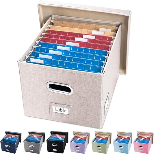 PRANDOM File Organizer Box - Set of 1 Collapsible Decorative Linen Filing Storage Hanging File Folders with Lids Office Cabinet Letter/Legal Size Light Grey (17x14x11.2 inch)